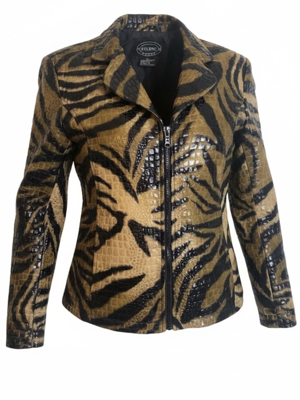 Selene Sport VTG Tiger Print Faux Leather Jacket Croc Textured Zip